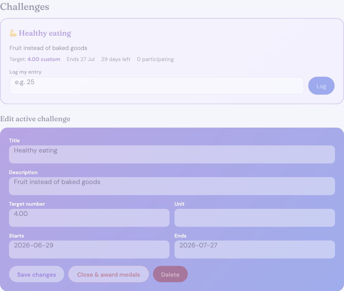 Chevre Fitness challenges with progress logging