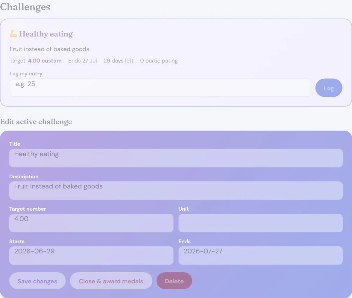 Chevre Fitness challenges with progress logging